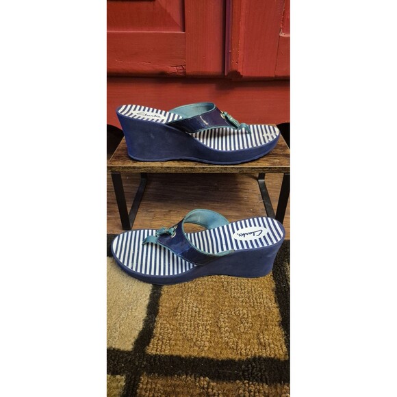 Clarks Size 9 Tassel Wedge Sporty Yacht Blue Green Sandals 3" Heels  Summer EUC - Picture 1 of 6